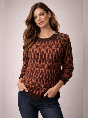 LOFT Rust & Brown Geometric Knit Sweater Small Cozy Fall Pullover Wool Blend